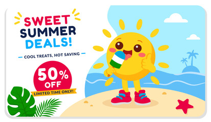 Fototapeta premium Summer sale web banner with cute sun character holding a popsicle on the beach. Special offer background for seasonal discounts. Flat vector illustration