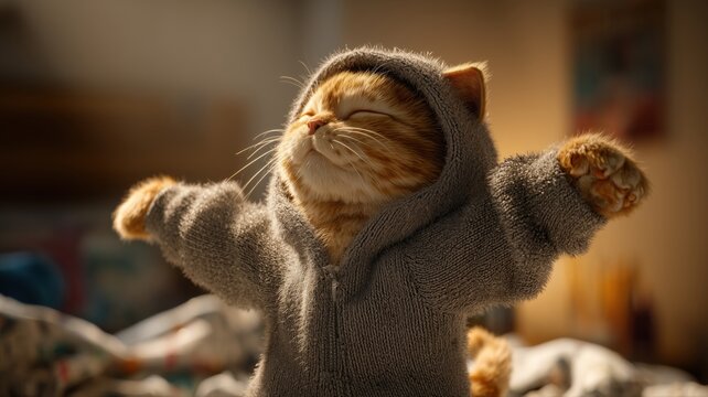猫がフード付きパーカーを着てリラックスしながら伸びをする様子。癒しやかわいらしさを伝えるシーンとして使用可能。
