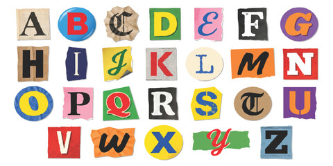 Alphabet set with colorful letters cut from magazines and newspapers in a ransom note style collage collection © ZenVectors