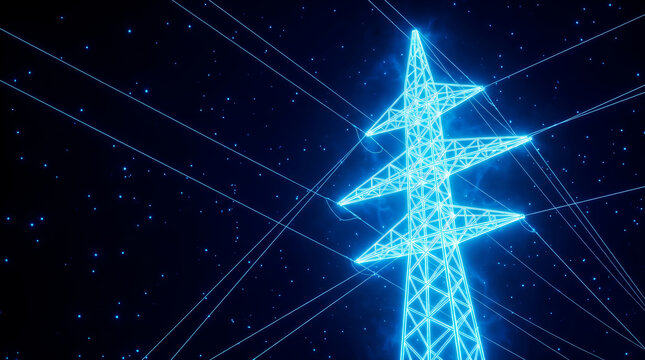 Futuristic glowing blue neon electricity pylon transmission tower against dark starry night sky digital art