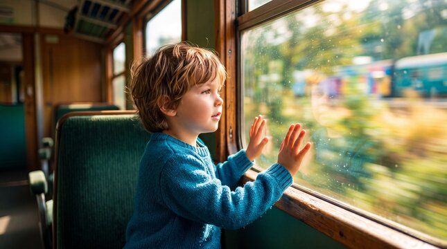 Boy pressing hands against train window while gazing at passing scenery. Curious child on railway journey watching blurred autumn
