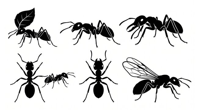 Ant silhouettes in varied postures, winged and wingless forms, symbolizing colony hierarchy, anatomy differences, and insect diversity in design.