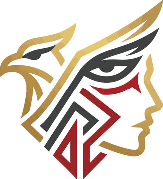 Falcon profile merges with a human face in a stylized ancient artistic emblem.