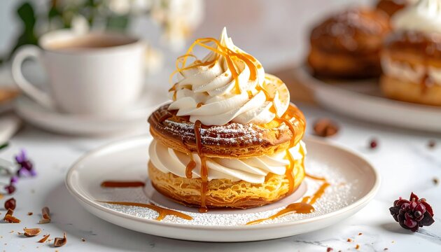 Delicious cream puff filled with whipped cream and drizzled with golden caramel sauce on a white plate