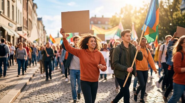 Diverse activists marching in labor day parade on sunny cobblestone street. Social justice and workers rights demonstration with colorful flags