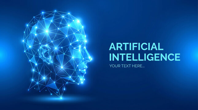 Glowing blue low poly wireframe human head representing artificial intelligence on a dark digital background