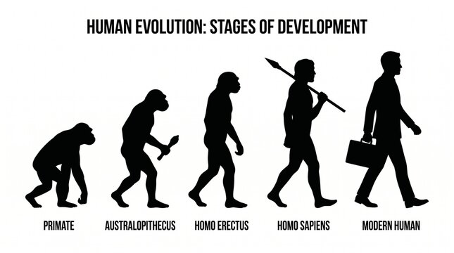 Silhouettes depicting evolutionary stages from primate to Homo sapiens, emphasizing gradual posture changes, anatomical development, and progression across time.