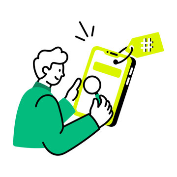 Flat icon of a person searching hashtags on mobile.