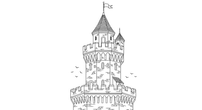Vintage sketch drawing of an old European castle architecture building and landmark tower illustration in a classic Paris France travel design style