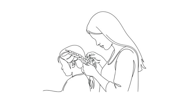 A charming cartoon vector illustration of a mother and child at the beach featuring a girl with a crab in a sketch art style that captures family love and people in nature