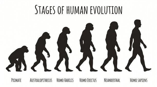 Silhouettes depicting evolutionary stages from primate to Homo sapiens, emphasizing gradual posture changes, anatomical development, and progression across time.