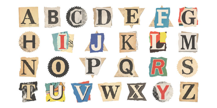 Alphabet set of letters cut from colorful magazines and newspapers forming a ransom note style collage collection