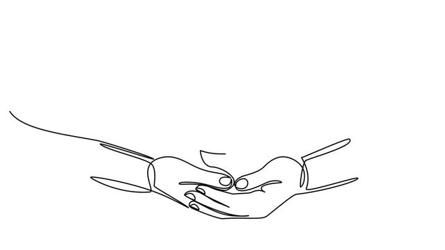 A continuous line drawing of scales of justice resting on two palms, symbolizing justice and equality in law and ethics. Editable line art vector illustration.