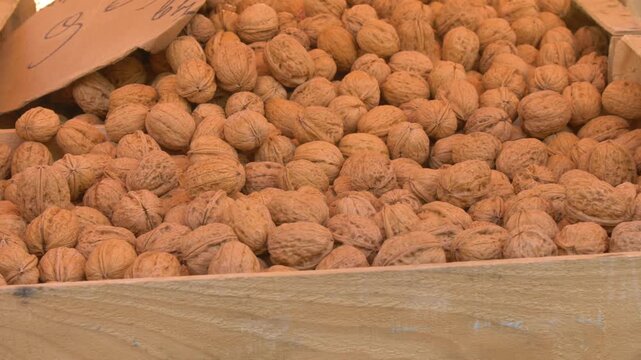 Fresh walnuts in shell at local market