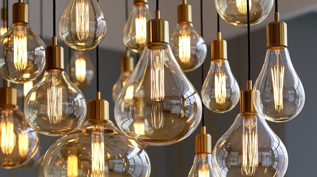 Gold pendant lights hang from the ceiling, their glowing filaments casting a warm, modern glow.