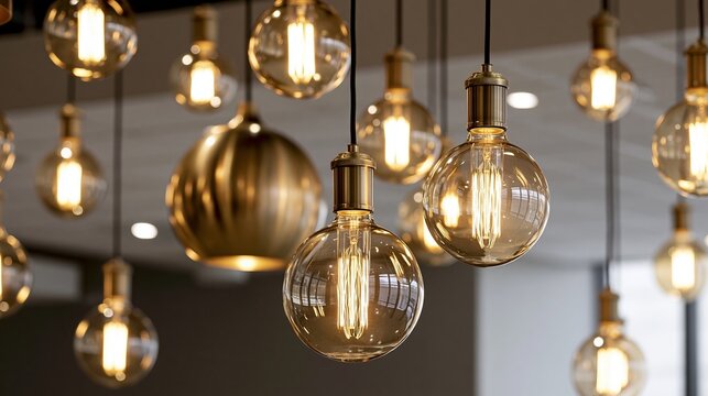 Gold pendant lights hang from the ceiling, their glowing filaments casting a warm, modern glow.
