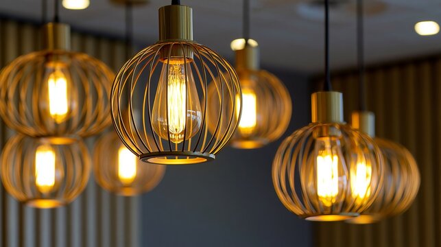 Gold pendant lights hang from the ceiling, their glowing filaments casting a warm, modern glow.
