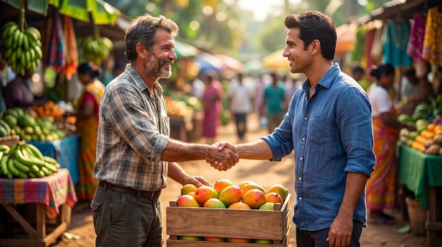 Two men shaking hands at bustling fruit market. Ethical commerce and sustainable agriculture in tropical local marketplace