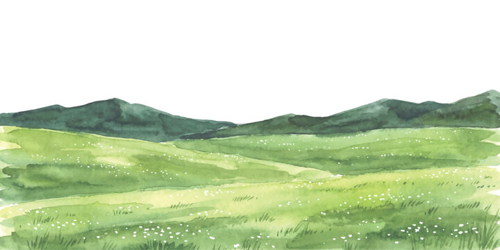 Watercolor painting of a green grassy meadow with rolling hills and mountains in the distance on a summer day