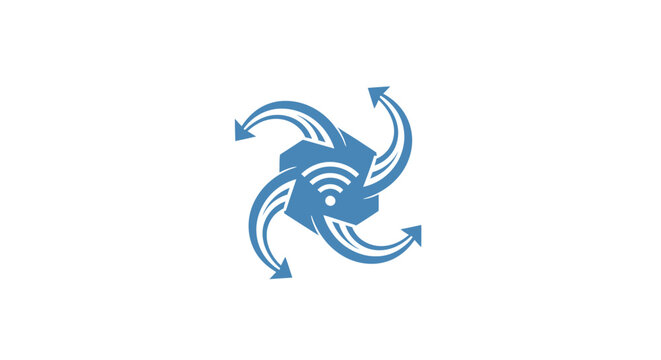 Blue icon with arrows rotating around cube.