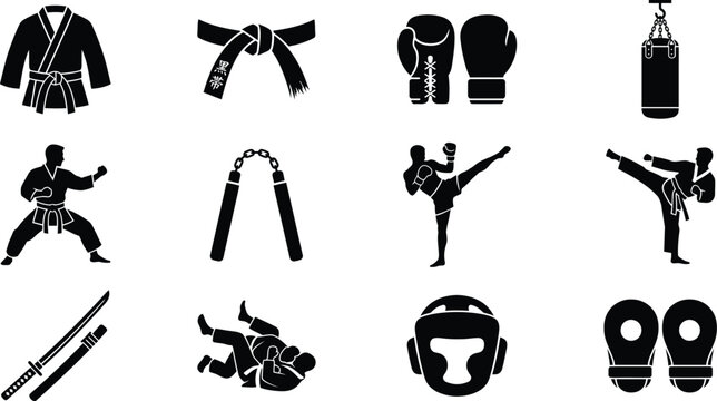 Martial arts equipment and fighters in various poses isolated on white background, Vector