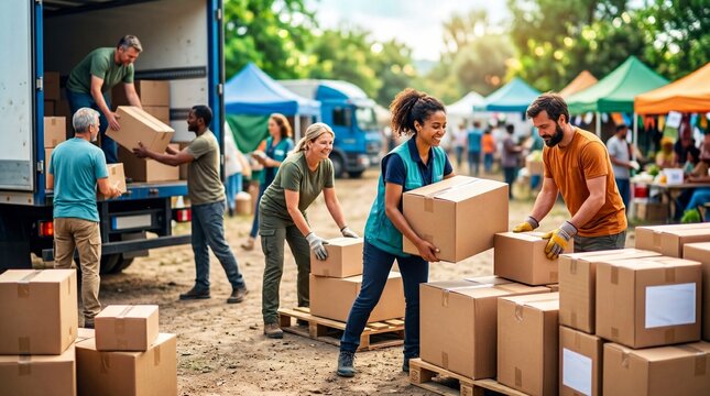 Group of diverse volunteers including men and women unloading cardboard boxes from delivery truck. Community support and volunteering concept for helping those in need