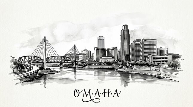 Omaha skyline silhouette featuring riverfront bridges and downtown towers, elegant black and white ink drawing, stylish typography below reading "OMAHA"