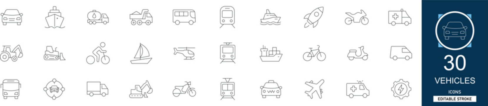 Vehicles line icon set with 30 icons car, truck, bus, bicycle, motorcycle, delivery van, electric car, transport. Clean linear vector, editable stroke for mobility projects.