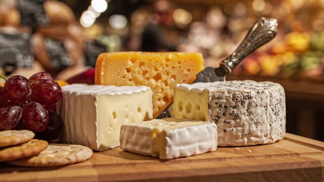 This features a beautifully arranged selection of cheeses and dairy products on a wooden board, set against a blurred background that suggests a market or store. The assortment includes various types