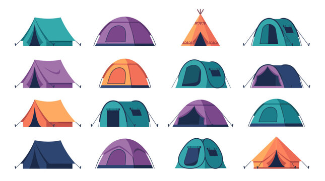 Collection of colorful camping tent icons in various shapes and designs isolated on white background, illustrating outdoor adventure gear and provides versatile elements for tourism