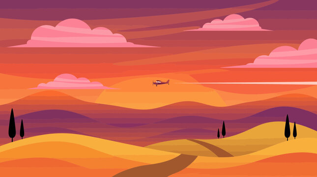 Landscape illustration of rolling hills and road under sunset sky with a small airplane and pink clouds, Representing travel adventure and illustrating peaceful scenery for background