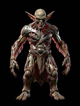 Horror biomechanical goblin monster with glowing red veins standing menacingly against black background