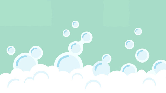 White soap foam and light blue bubbles floating on a minimalist mint green background in flat vector style, symbolizing hygiene maintenance or representing cleaning product packaging designs