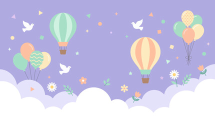 Naklejka premium Whimsical pastel background featuring hot air balloons, colorful balloon bunches, white doves and flowers above clouds, symbolizing childhood joy and providing festive celebration space