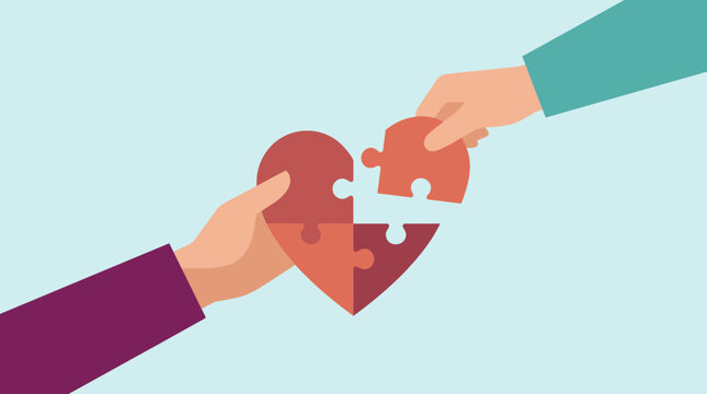 Two hands connecting pieces of a red heart-shaped puzzle against a light blue background, symbolizing emotional healing and representing collaborative partnership or relationship support