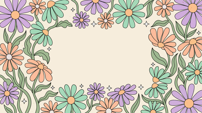 Retro groovy daisy floral frame with pastel hand drawn flowers and stars on beige background, representing aesthetic banner design and symbolizing nostalgic social media template