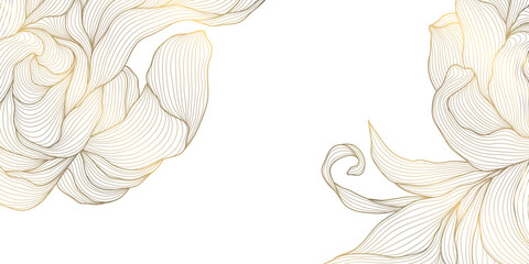 Fototapeta premium Luxury floral background with elegant gold line flowers and botanical leaves, border and frame. Modern vector design, vintage ornament with tropical elements, wedding invitation, wallpaper.
