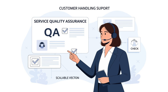Customer Service QA Agent with Headset and Checkmark Icons for Quality Assurance