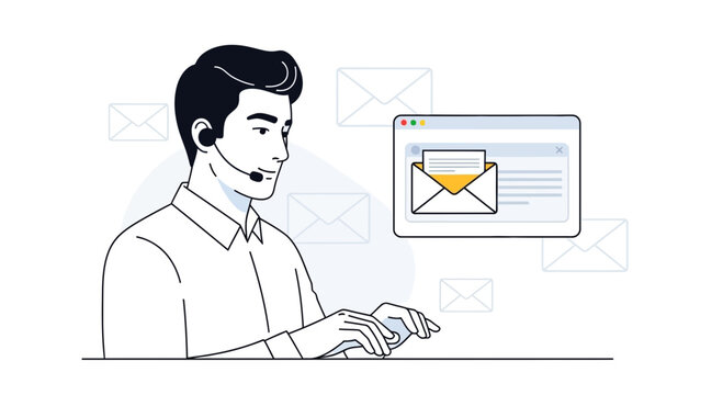 Customer Service Representative with Headset Typing and Email Illustration