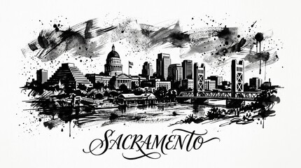 Obraz premium Sacramento skyline silhouette featuring State Capitol dome and riverfront buildings, artistic black and white ink illustration, elegant lettering below reading 