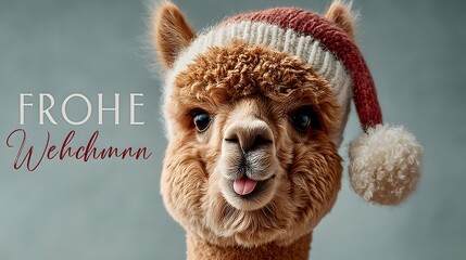 Obraz premium Alpaca wearing Santa hat with German Christmas greeting