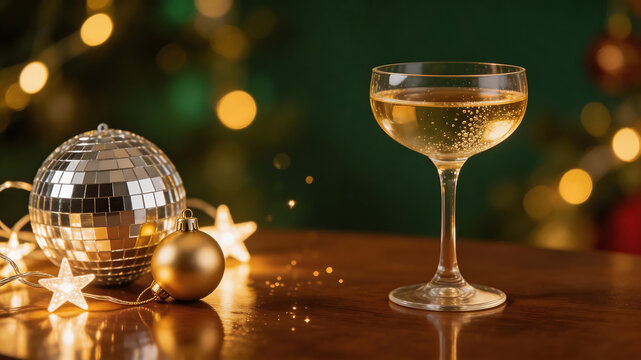 Champagne glass with festive decorations ideal for sleek commercial backgrounds and title sequences