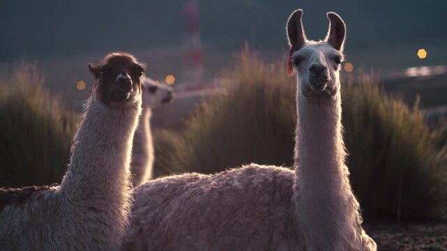 Portrait of Multiple Llamas Looking Curiously at the Camera