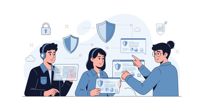 Diverse team discusses digital security, data protection, and online safety.
