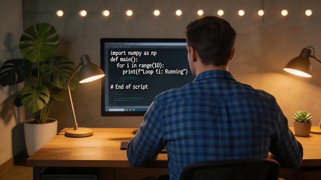 Person coding at desk with plant ideal for futuristic concepts and sci-fi themes