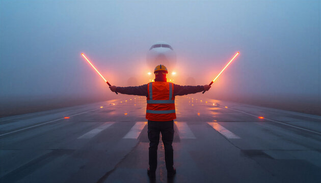 Airport marshaller ground staff signaling an airplane on a foggy runway with illuminated wands