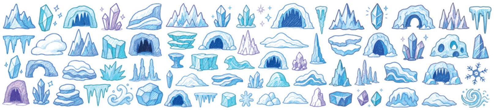 Large collection of hand-drawn blue and purple ice elements, including caves, mountains, crystals, and icicles