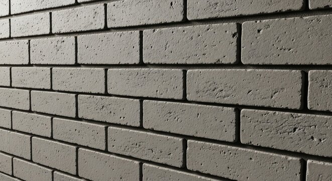Close up of a gray brick wall with a textured surface and shadows