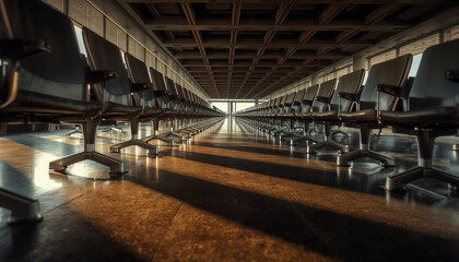 Fototapeta premium Empty Airport Waiting Room Rows of Seats with Dramatic Lighting
