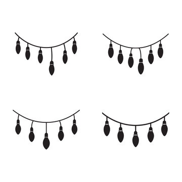 Black string lights with bulbs hanging down in different patterns on white background  decorative lighting  festive ambiance  string lights  hanging bulbs